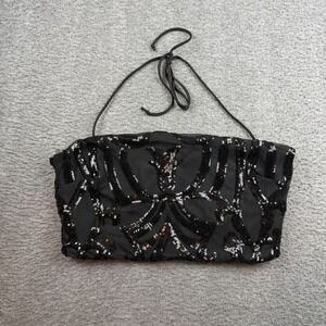 Windsor Sequin Halter Crop Top Women's L Black Silver Mesh ST7118-T